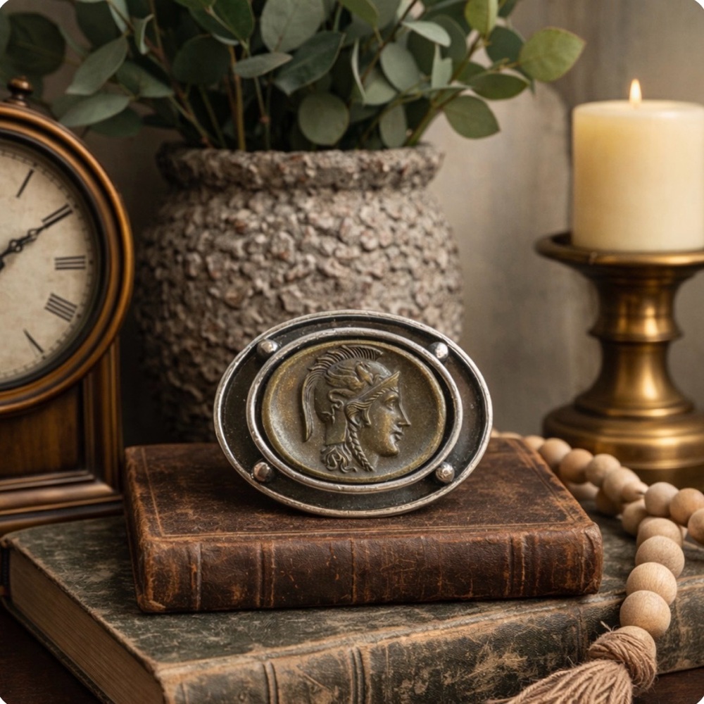 BEN-AMUN Rare Vintage Etruscan-Revival Roman Soldier Coin Brooch